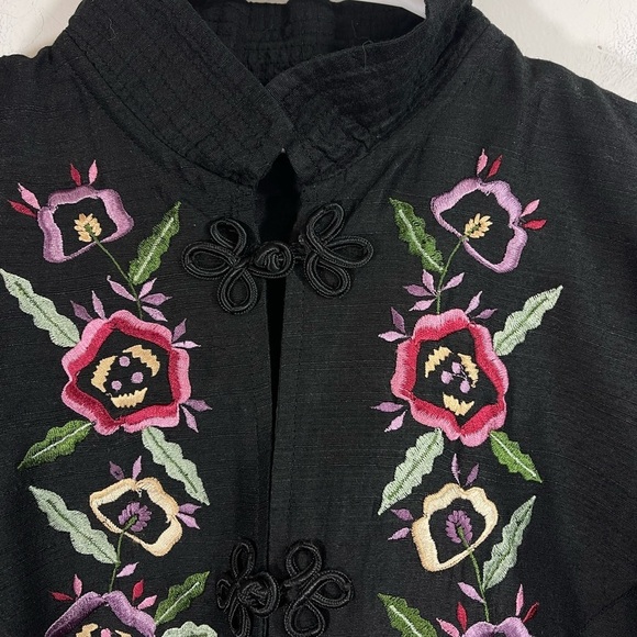 Vintage 90s Units Sz M Silk blend Black Floral Embroidered Jacket Mandarin frog - Picture 3 of 7